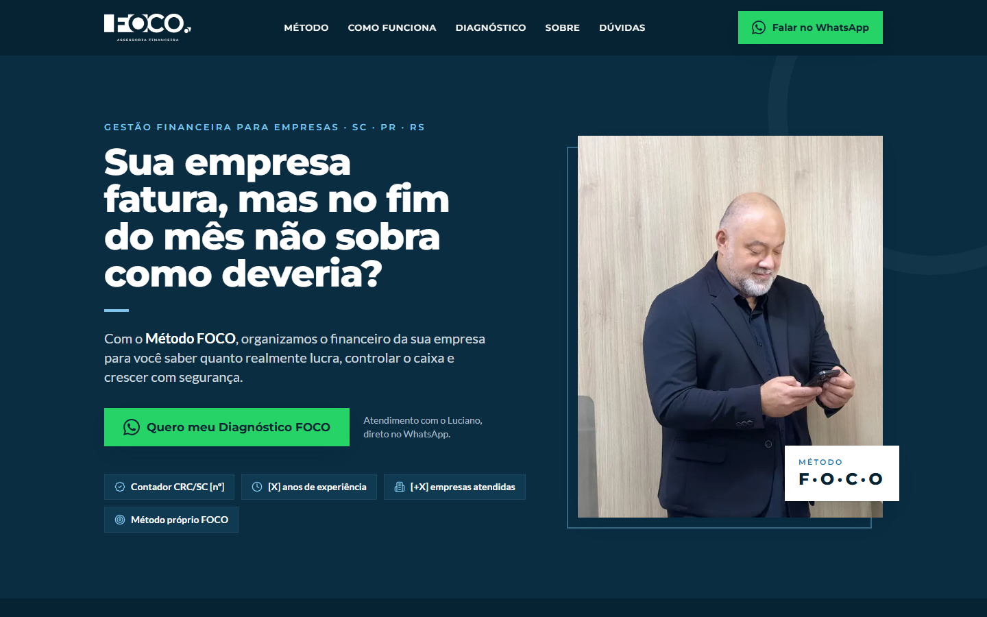 Página inicial do site da FOCO Gestão Financeira